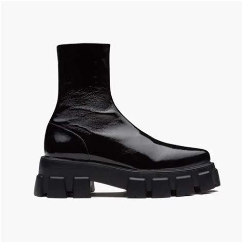 prada monolith patent leather pointed booties|prada monolith boots sale.